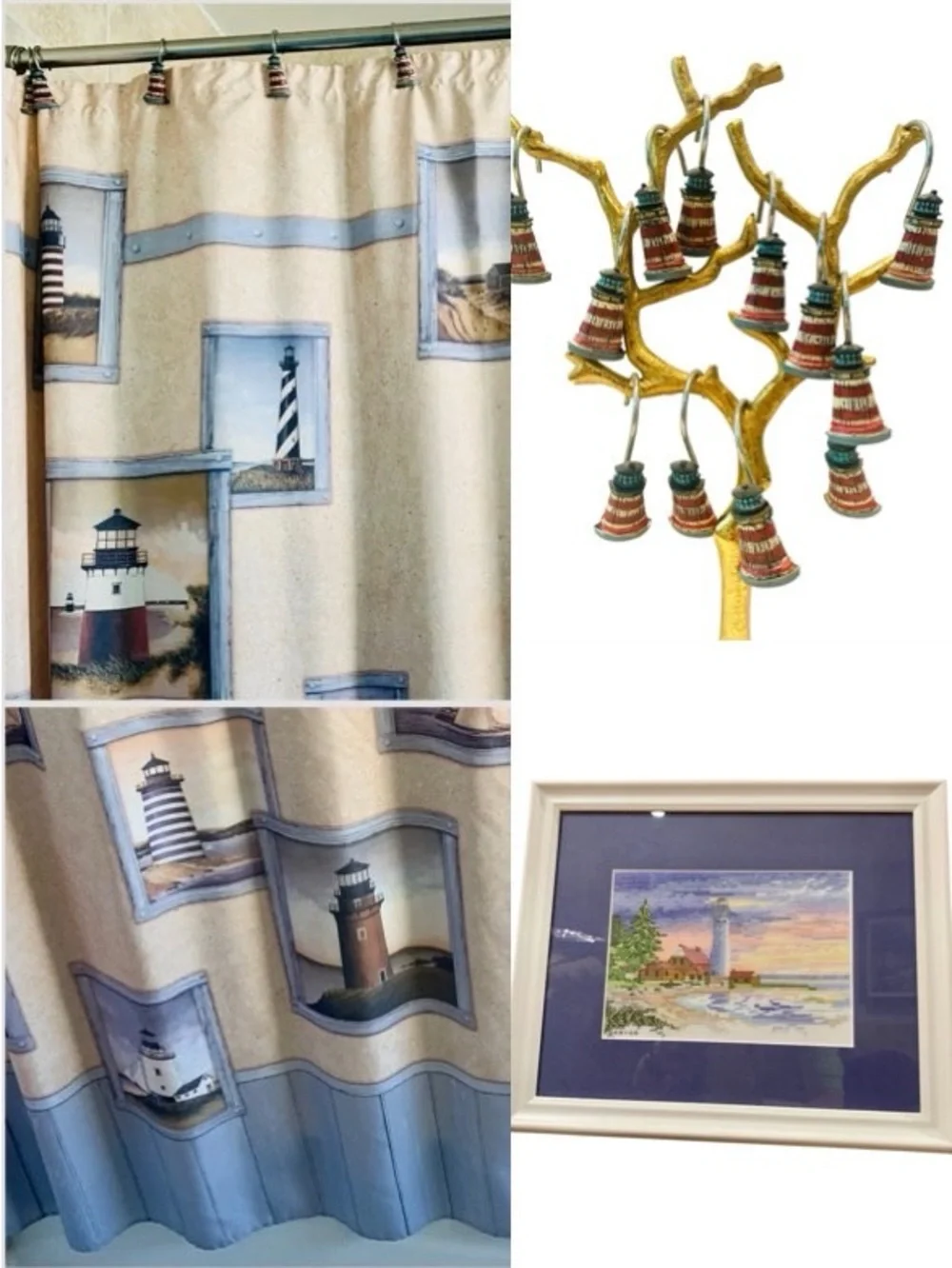 Lighthouse Nautical Shower Curtain & Lighthouse Hooks / Ornaments Bathroom Decor